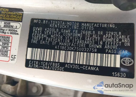 2005 Toyota Camry Le from USA, damaged, VIN 4T1BE30K75U032758